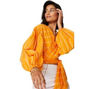 Acler Wyatt Blouse V-Neck Puff Sleeve Tie Front Top Yellow Stripe Size 4